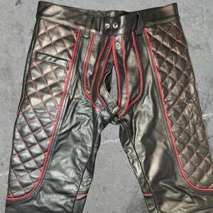 Leder Pants with White Accent Heavy Duty Motorcycle Fetish Style Premium Leather